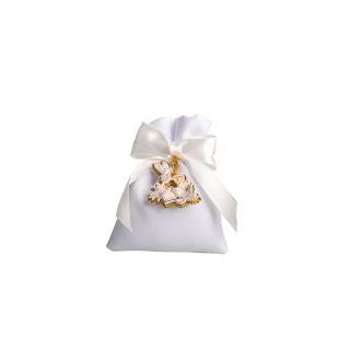 Sacchetto bianco con portachiavi calice comunione oro finish