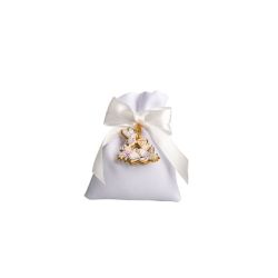 Sacchetto bianco con portachiavi calice comunione oro finish