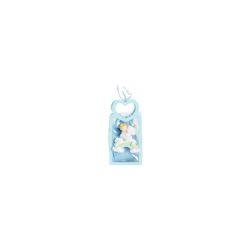 Bustina in PU celeste con manico cuore con magnete bimbo su unicorno con sacchetto celeste piccolo