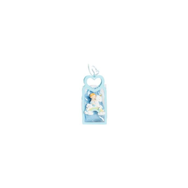 Bustina in PU celeste con manico cuore con magnete bimbo su unicorno c