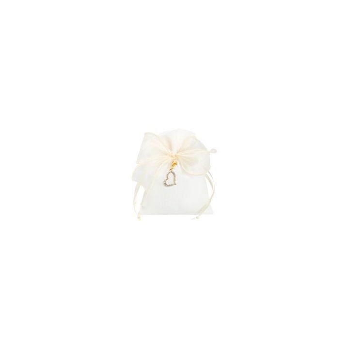 Sacchetto bianco con nastro o organza e pendente cuore con strass