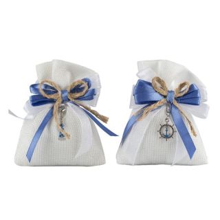 Sacchetto juta bianco con nastro i blu con charms marino faro/timone r