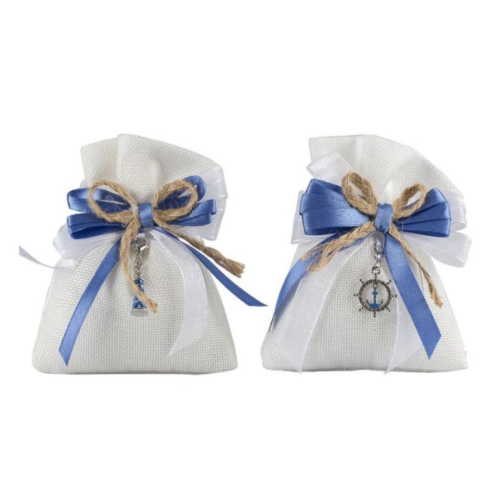 Sacchetto juta bianco con nastro i blu con charms marino faro/timone r