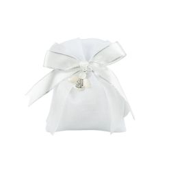 Sacchetto bianco tipo lino con angelo smaltato e strass