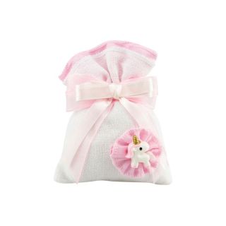 Sacchetto bianco/rosa tipo juta con applicazione unicorno