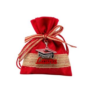 Sacchetto juta bicolore rosso con charme cappello laurea