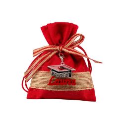 Sacchetto juta bicolore rosso con charme cappello laurea