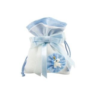 Sacchetto bianco/celeste tipo juta con applicazione unicorno