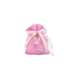 Sacchetto tipo lino rosa con charme ciuccio con orso bimba