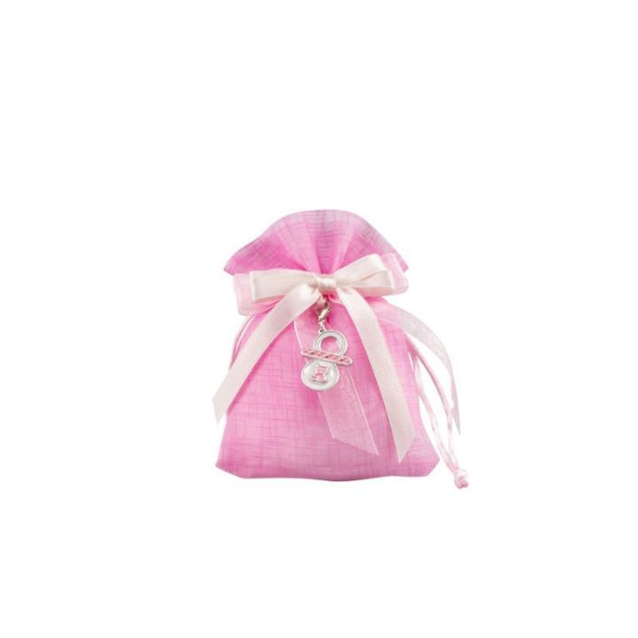 Sacchetto tipo lino rosa con charme ciuccio con orso bimba