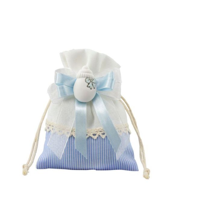 Sacchetto in cotone bianco/celeste con appl. biberon gessetto