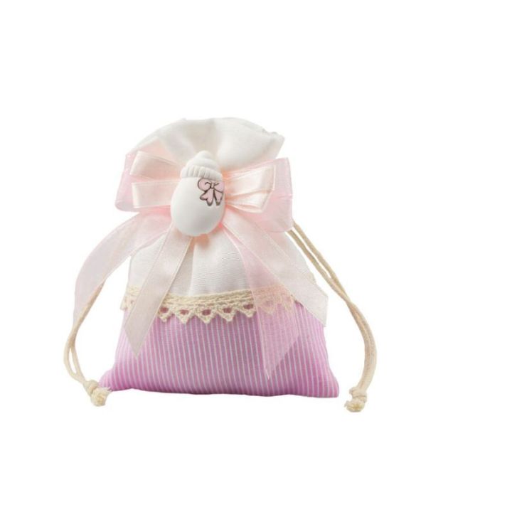 Sacchetto in cotone bianco/rosa con appl. biberon gessetto