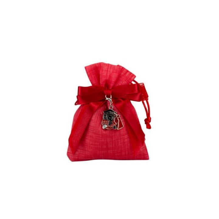 Sacchetto tipo lino rosso con charm gufetto laurea