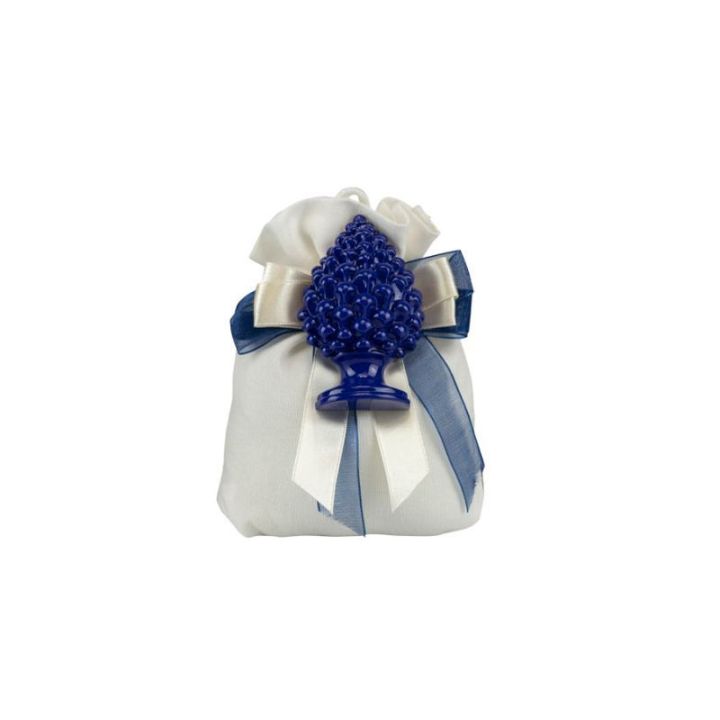 Sacchetto in cotone bianco con magnete pigna blu