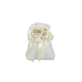 Sacchetto tipo lino bianco con magnete cuore con fedi oro