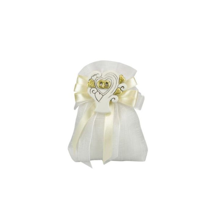 Sacchetto tipo lino bianco con magnete cuore con fedi oro