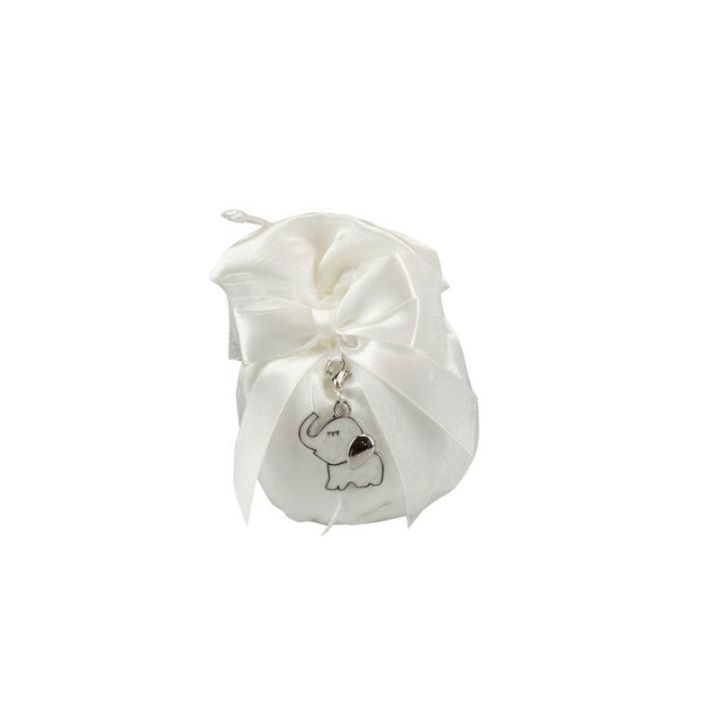 Sacchetto pochette raso bianco con charm elefante smaltato bianco