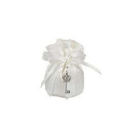 Sacchetto pochette raso bianco con charm chiavetta corona con strass