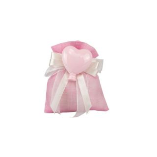 Sacchetto tipo lino rosa con magnete palloncino cuore rosa