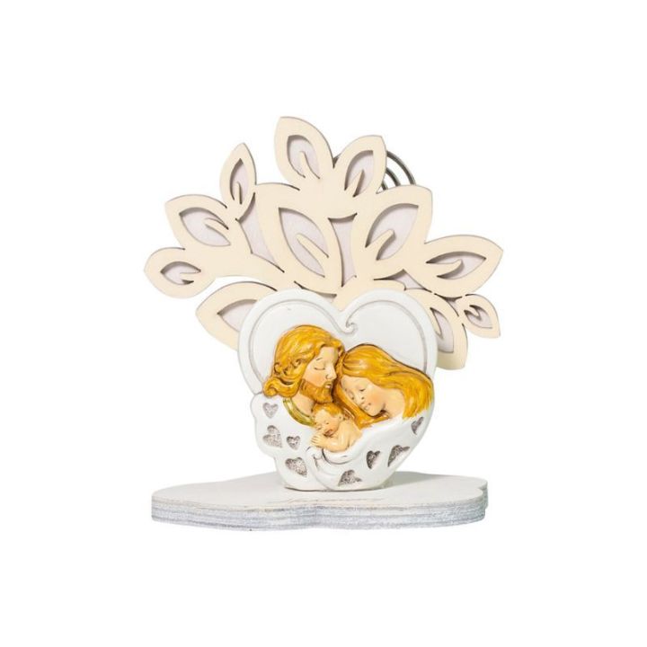 Albero della vita crema/bianco con cuore sacra famiglia in resina