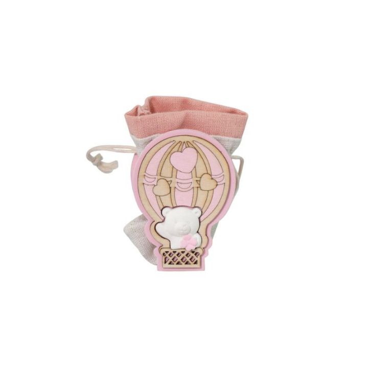 Scatolina in legno portaconfetti orso rosa con mongolfiera