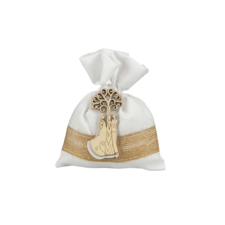 Sacchetto bianco con applicazione sposi legno & albero della vita