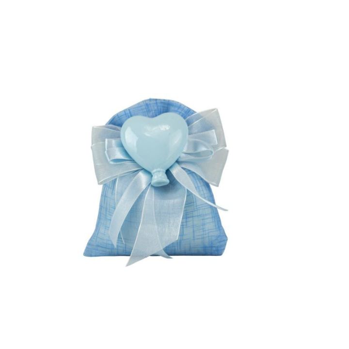 Sacchetto tipo lino celeste con magnete palloncino cuore celeste