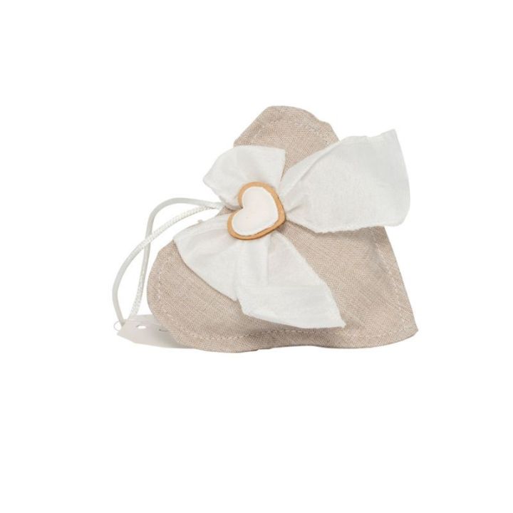 Cuscino cuore tortora con fiocchetto bianco e cuore gessetto bianco