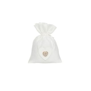 Sacchetto lucido bianco con tiranti con applicazione cuore legno e cuo