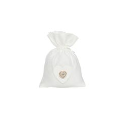 Sacchetto lucido bianco con tiranti con applicazione cuore legno e cuore con brillanti