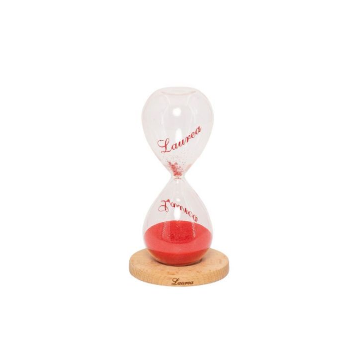 Clessidra laurea con sabbia rossa con glitter con base in legno