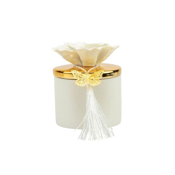 Scatola in porcellana bianca piccola con coperchio oro e fiore bianco