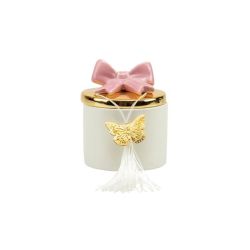 Scatola in porcellana bianca piccola con coperchio oro e fiocco fucsia con candela profumata