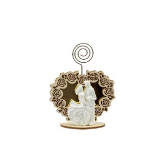 Clip portafoto segnaposto cuore legno a specchio con coppia gessetto