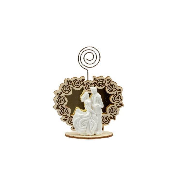 Clip portafoto segnaposto cuore legno a specchio con coppia gessetto