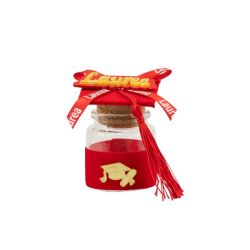 Barattolino in vetro laurea con accessorio "laurea" legno + plastica oro e libro
