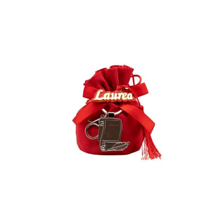 Sacchettone in cotone rosso con accessorio laurea e portachiavi pergam