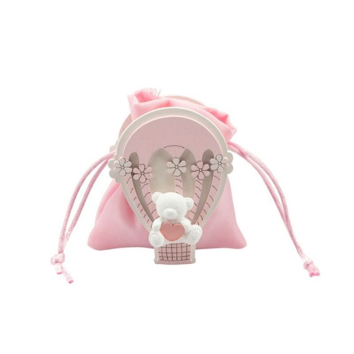 Scatolina in legno mongolfiera con orsetto rosa