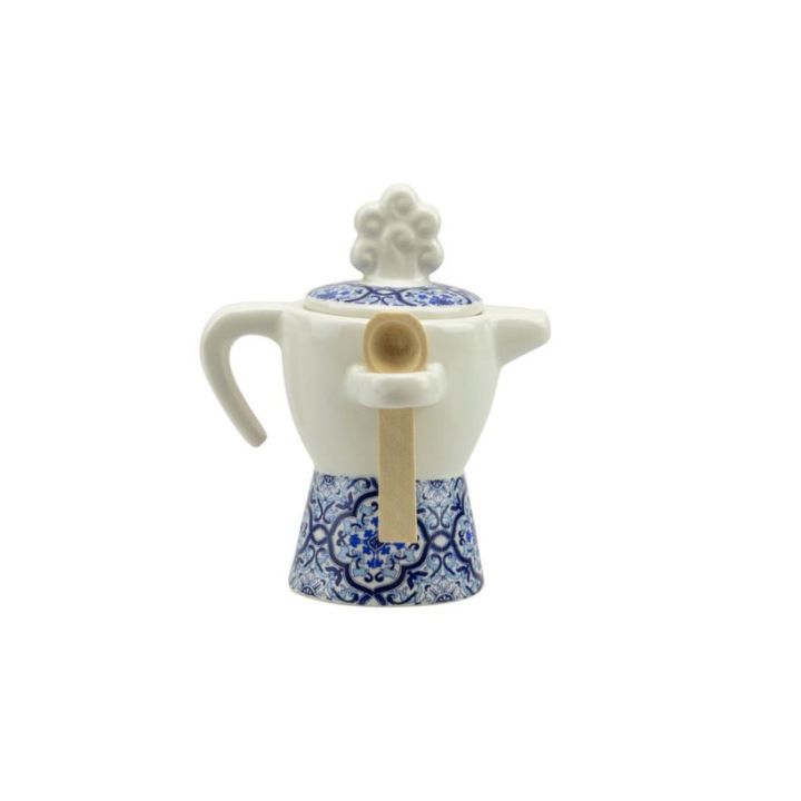 Zuccheriera a caffettiera porcellana decalco maiolica blu