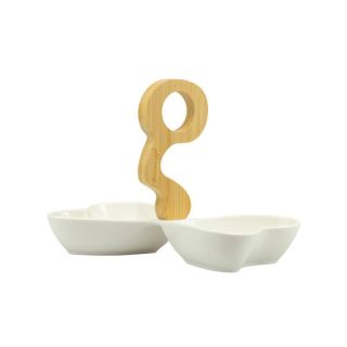 Antipastiera in porcellana doppio cuore con manico bamboo