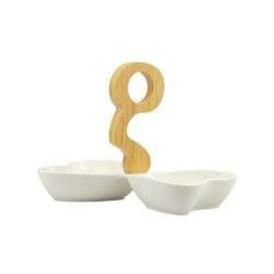 Antipastiera in porcellana doppio cuore con manico bamboo