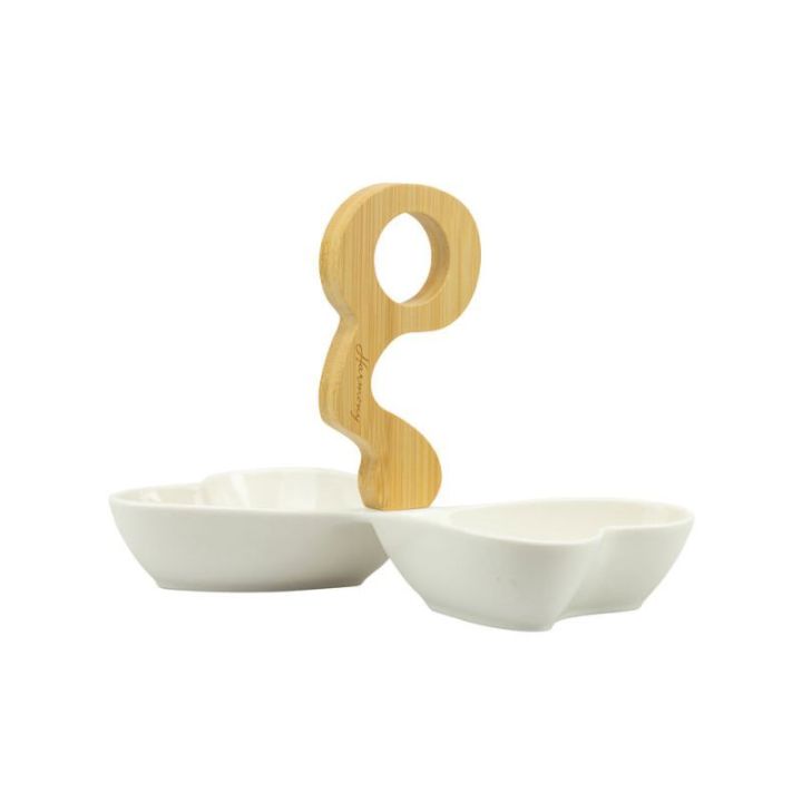Antipastiera in porcellana doppio cuore con manico bamboo