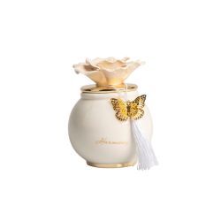 Scatola tonda porcellana bianca media con coperchio oro e fiore tortora con candela profumata