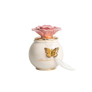 Scatola tonda porcellana bianca media con coperchio oro e fiore rosa c