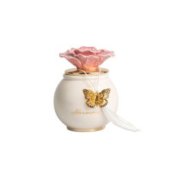 Scatola tonda porcellana bianca media con coperchio oro e fiore rosa con candela profumata