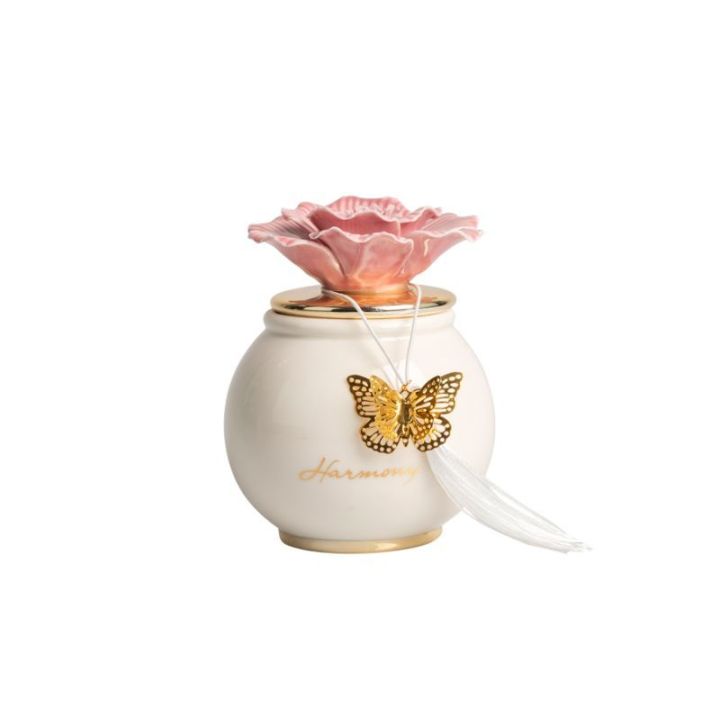 Scatola tonda porcellana bianca media con coperchio oro e fiore rosa c