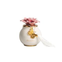 Scatola tonda porcellana bianca piccola con coperchio oro e fiore rosa con candela profumata