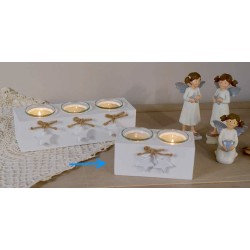 Porta candele doppio in legno bianco con stelline shabby 8 x 17 x 8 cm