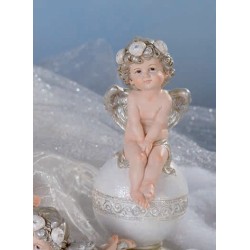 Angelo in resina e ceramica con coroncina rose su sfera 10 x 25 cm