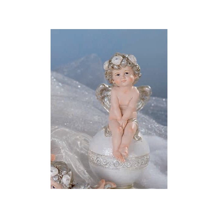 Angelo in resina e ceramica con coroncina rose su sfera 10…